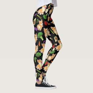 Legging Corgi cúmulo e padrão de Comida vegetal preto