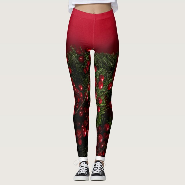 Legging coroa de natal com bagas vermelhas (Frente)
