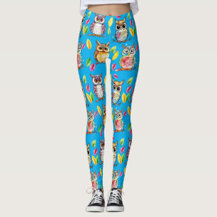 Legging Corujas Coloridas de Madeira e Folhas de Água
