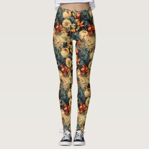 Legging Cottagecore Escuro Floral de Outono Abóbora