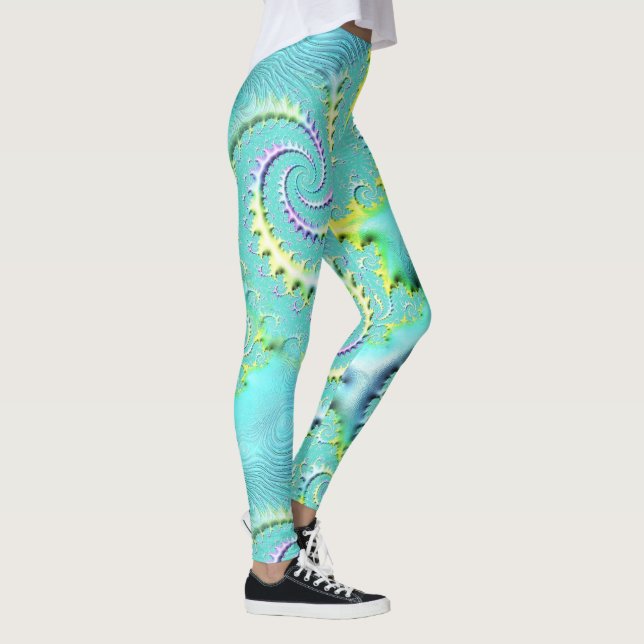 Legging Coxas das damas de aqua e espiral amarela (Direita)