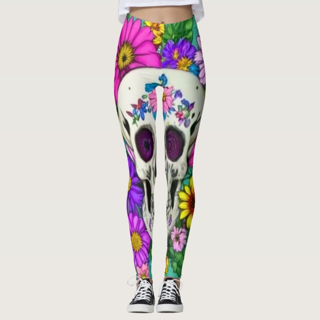 Legging crânio colorido com flores  (Frente)