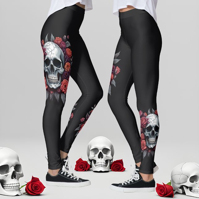 Legging Crânio com Rosas de pernas de Halloween góticas (🌹 Chic Style in Darkness: Gothic Halloween Leggings! 👻)