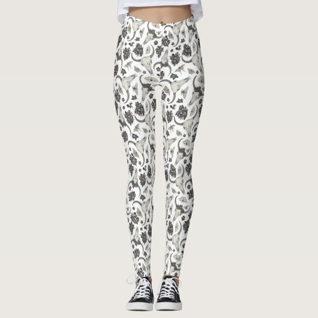 Legging Crânio Gótico De Animais Com Padrão De Flores (Frente)