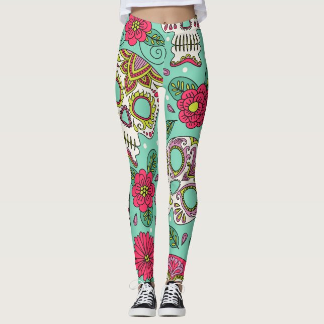 Legging Crânio mexicano e flores, sem costura. (Frente)