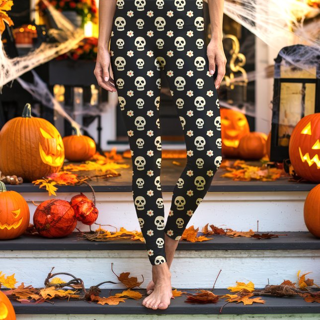 Legging Crânio Negro e Flores Halloween Floral (Criador carregado)