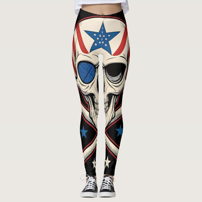Legging Crânio Patriótico e Bandeira Americana Crossbones (Frente)
