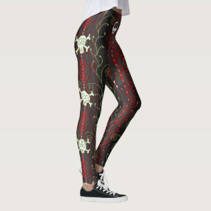 Legging Crânio Positivo, Estético Gótico, Vermelho, Negro