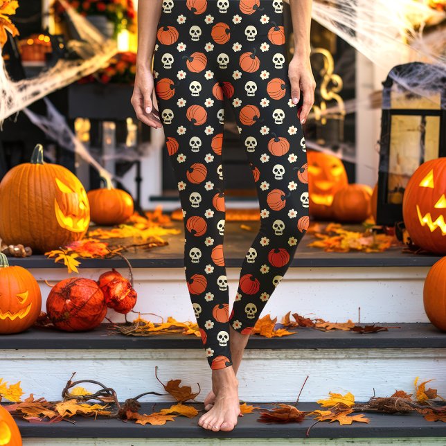 Legging Cránios, Abóboras e Flores Preto de Halloween (Criador carregado)