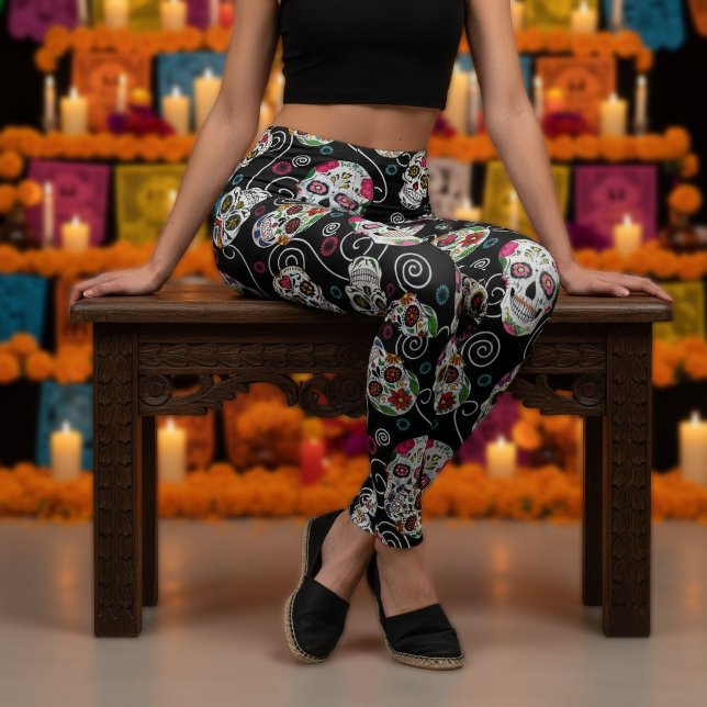 Legging Cránios de Açúcar e Espirais Preto ID725 (Criador carregado)