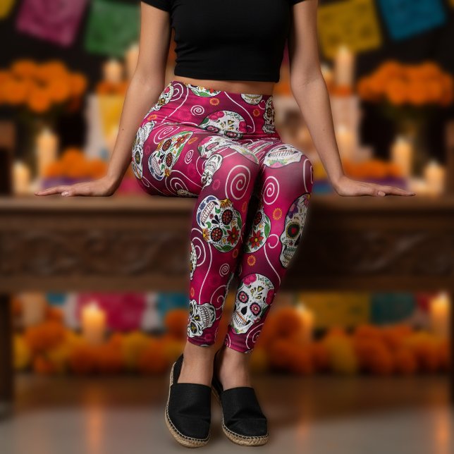 Legging Cranios de Açúcar e Espirais Rosa Vermelho ID725 (Criador carregado)