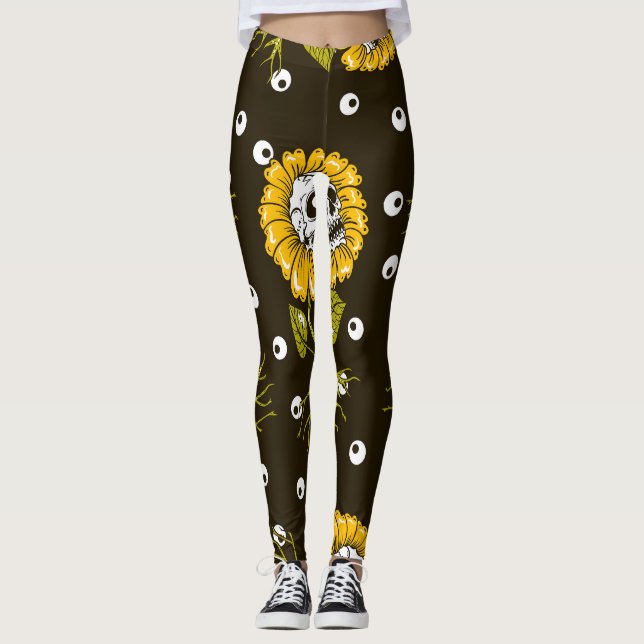 Legging Crânios De Girassol: Padrão Único Sem Olho. (Frente)