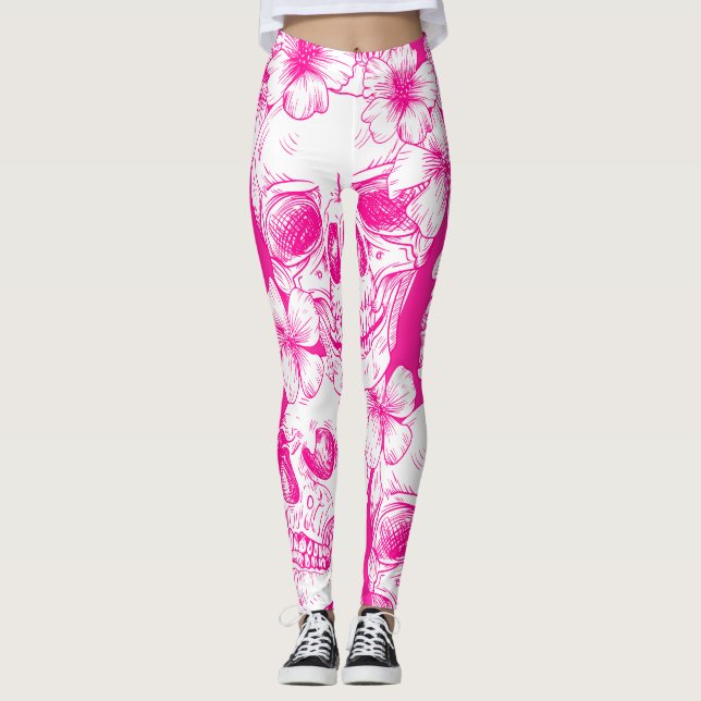 Legging crânios florais cor de rosa (Frente)