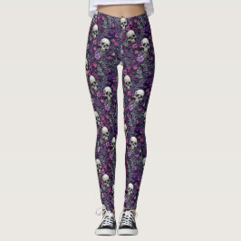 Legging Crânios Florais Flores Roxas Leggens Góticas