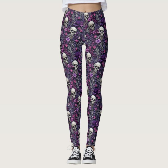 Legging Crânios Florais Flores Roxas Leggens Góticas (Frente)