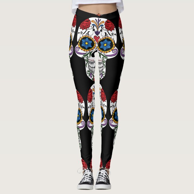 Legging Crânios Humanos Decorados da Flor Thunder_Cove Bla (Frente)