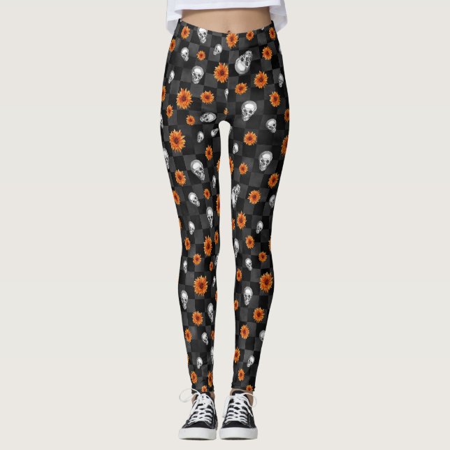 Legging Crânios Laranja e Série de Girassóis Design 11 (Frente)