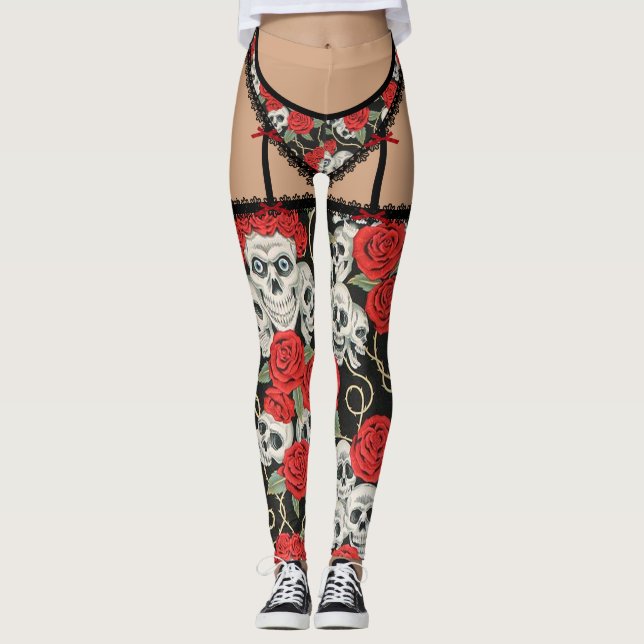 Legging Crânios & lingerie dos rosas (franceses cortados) (Frente)