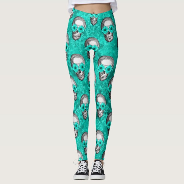 Legging Crânios Turquesa e Série de Girassóis Design 11  (Frente)