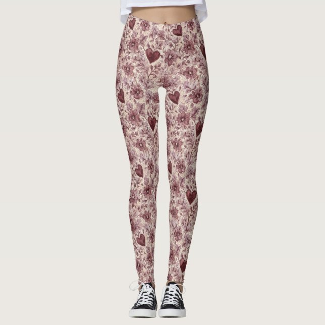 Legging Cream Burgundy Red Hearts Flowers (Frente)