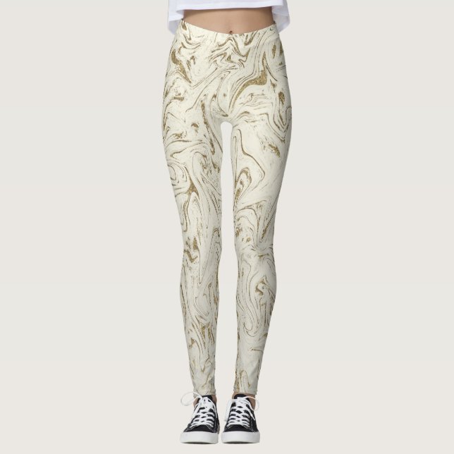 Legging Creme e Dourado Mármore Remoinho Glitter Glam Mode (Frente)
