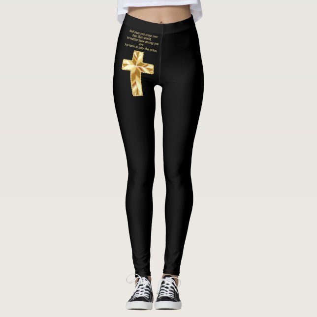 Legging Cruz cristã Dourado do crucifixo com provérbio (Frente)