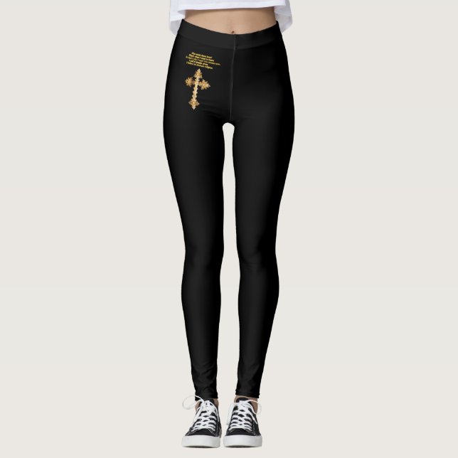 Legging Cruz cristã Dourado do divertimento com provérbio (Frente)