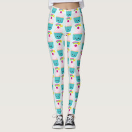 Legging Cupcake azul-bonito com a face Kawaii