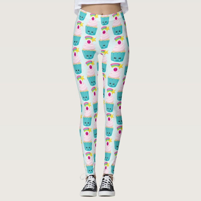Legging Cupcake azul-bonito com a face Kawaii (Frente)