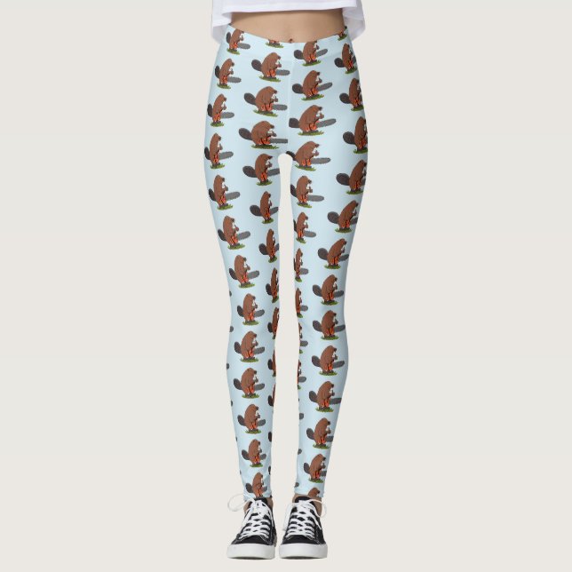 Legging Curioso castor com humor de desenho animado de mot (Frente)