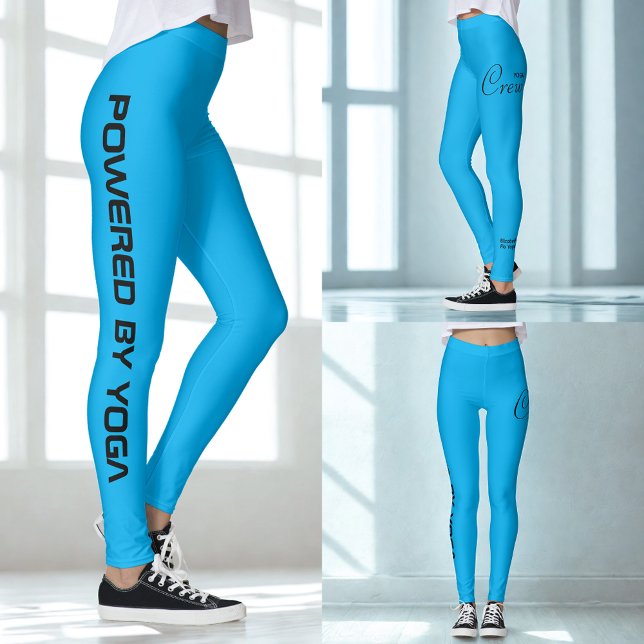 Legging Custom Print Yoga Crew Azure Blue (Azure blue yoga leggings. Three views.)