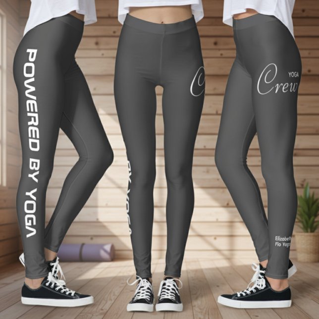 Legging Custom Print Yoga Crew Dark Grey (Grey yoga leggings shown from 3 angles in a wood yoga studio.)