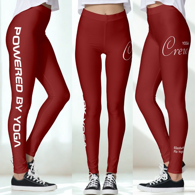 Legging Custom Print Yoga Crew Deep Red (Red yoga leggings in three views.)
