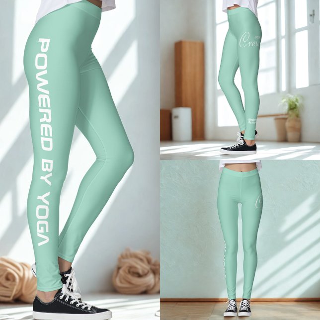 Legging Custom Print Yoga Crew Light Teal (Light teal yoga leggings shown in 3 views.)