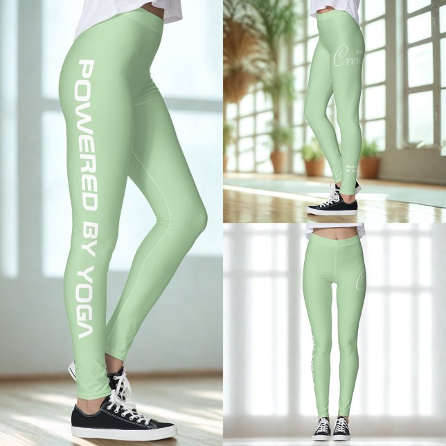 Legging Custom Print Yoga Crew Pale Green (Pale green yoga leggings shown from 3 views.)