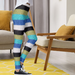 Legging Cute Blue Brown Black White Stripe Kintted Pattern