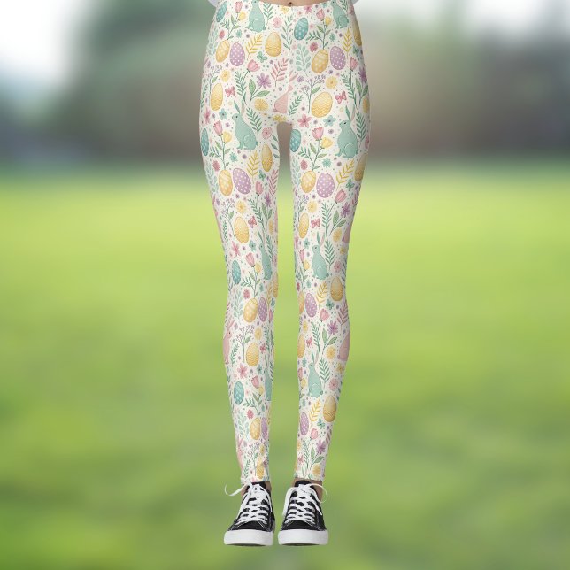 Legging Cute Easter Bunnies with Pastel Eggs and Ferns (Criador carregado)
