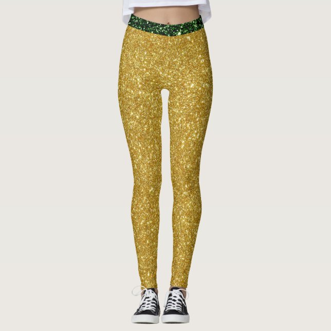 Legging Cute Glam Green Gold Glitter Sparkles Yoga Sport (Frente)