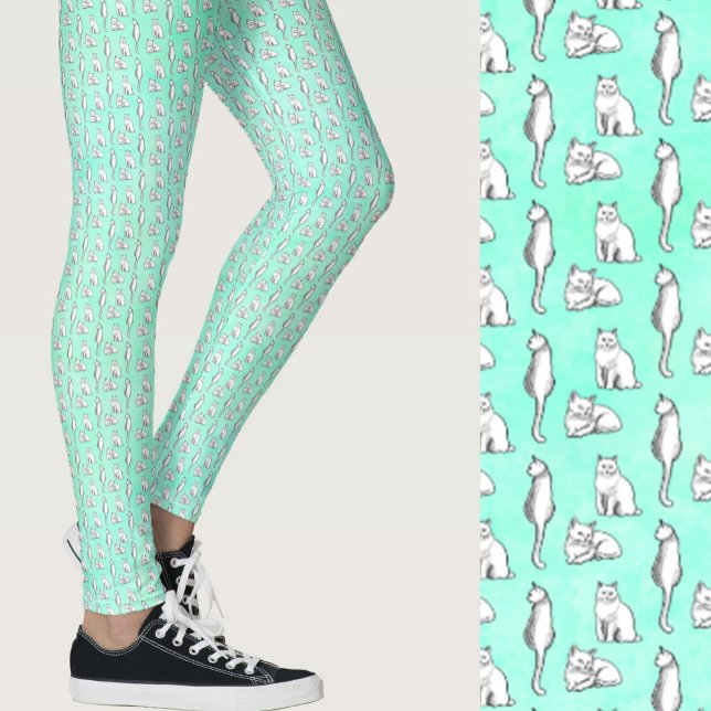 Legging Cute Teal Cats Whimsical Patterned (Criador carregado)