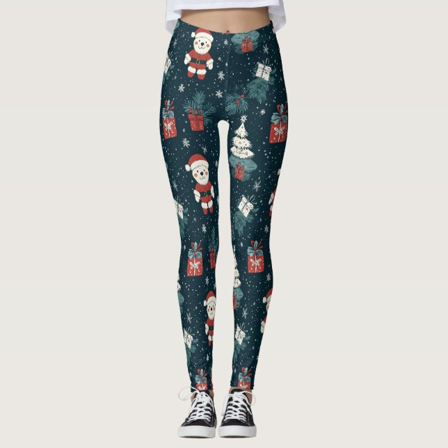 Legging Cute Teddy Bear & Santa on Dark Green (1) (Frente)