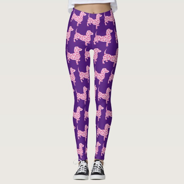 Legging Dachshund Fofo feito de Corações Rosa (Frente)