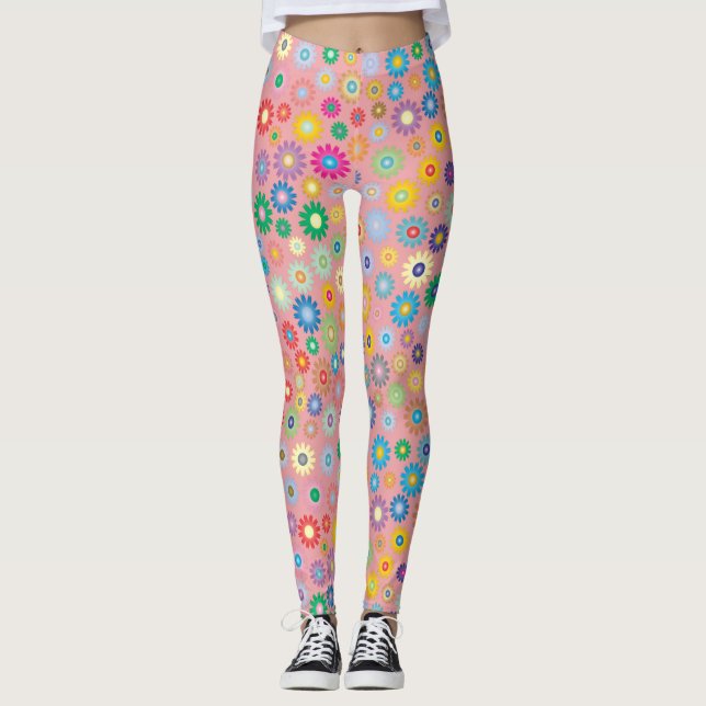 Legging Daisy Flowers padrão floral Pink Nature art (Frente)