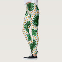 Legging Daisy Mandala Branca com Simetria Verde Fresca