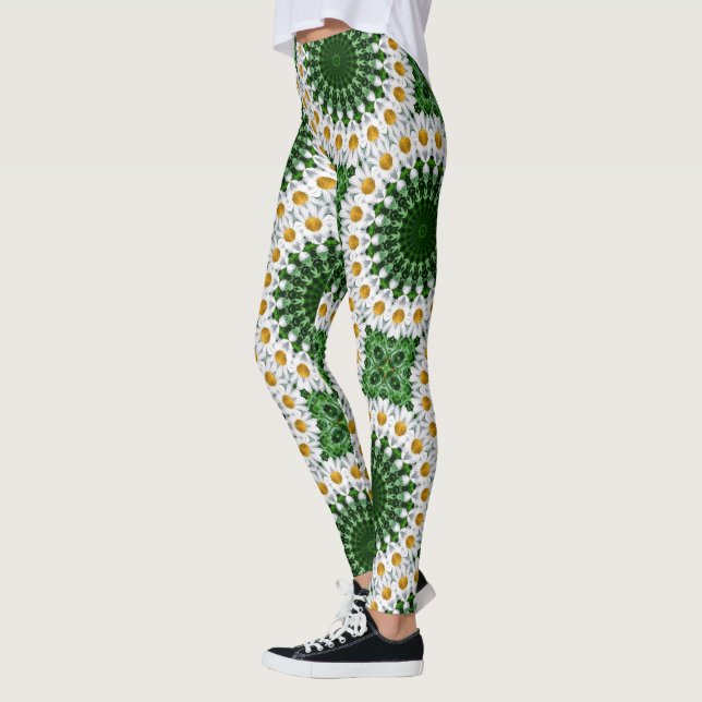 Legging Daisy Mandala Branca com Simetria Verde Fresca (Esquerda)