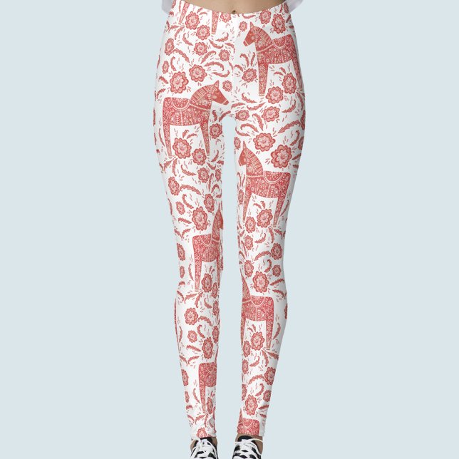 Legging Dala Horse - Padrão Vermelho e Branco Sueco (Swedish Dala Horse red and white patterned leggings)
