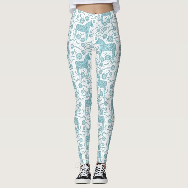 Legging Dala Horse — Teal e Padrão Branco Sueco (Frente)
