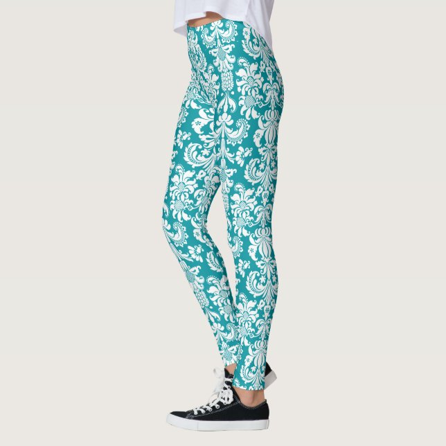 Legging Damascos Florais Branco e Azul Turquesa (Esquerda)