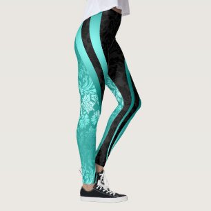 Legging Damascos Florais Pretos e Turquesa Design Geométr