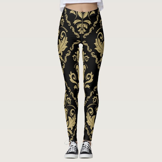 Legging Damask Black Dourado: Ornament Clássico. (Frente)