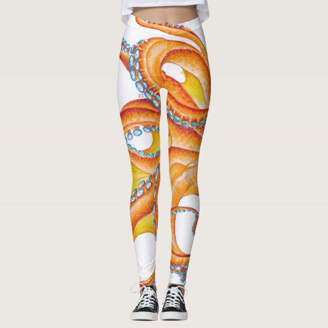 Legging Dança de Arte Tinta de Octopus Vermelho Laranja (Frente)